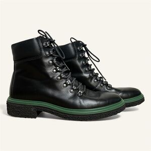 Ecco Black Leather Lace Up Boots With Green Trim